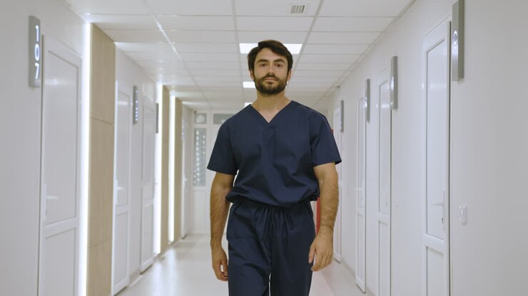 un dottore che cammina nel corridoio dell'ospedale.