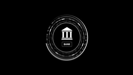 Animación-Del-Alcance-Con-Icono-De-Banco-Y-Procesamiento-De-Datos-Sobre-Fondo-Negro