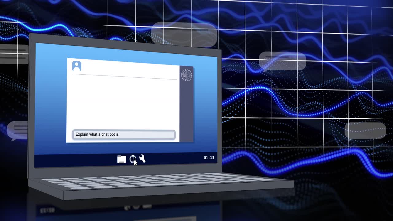 노트북 스크린과 그리드에서 ai 채팅과 데이터 처리의 애니메이션