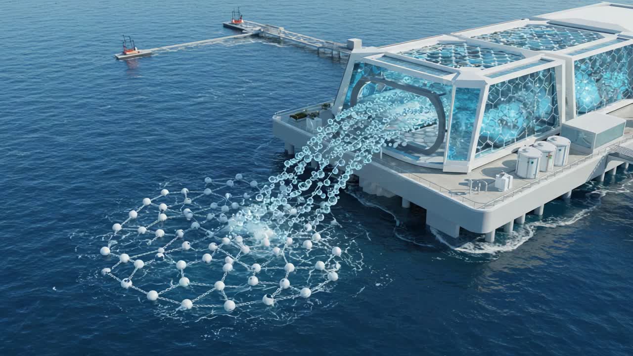 Innovative Marine Facility Discharging Water through Advanced Technology, Featuring a Unique Structure with Flowing Liquid and Marine Elements in a Vibrant Ocean Setting