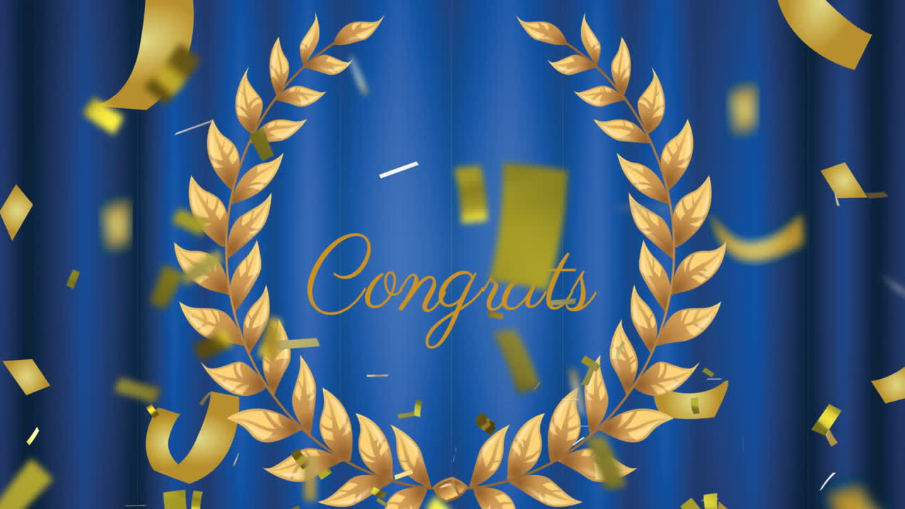 Animation of congrats text over crown and confetti falling