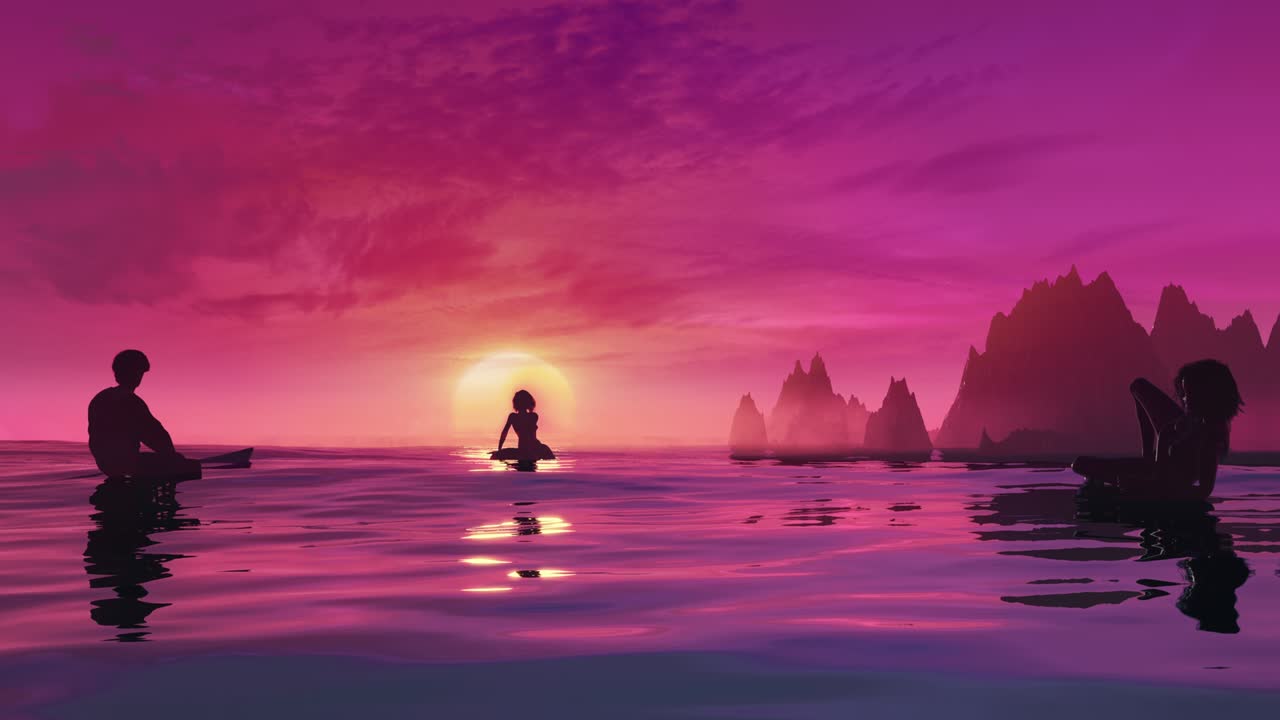 Surfers waiting in line up on the surfboards and watch the sunset loop