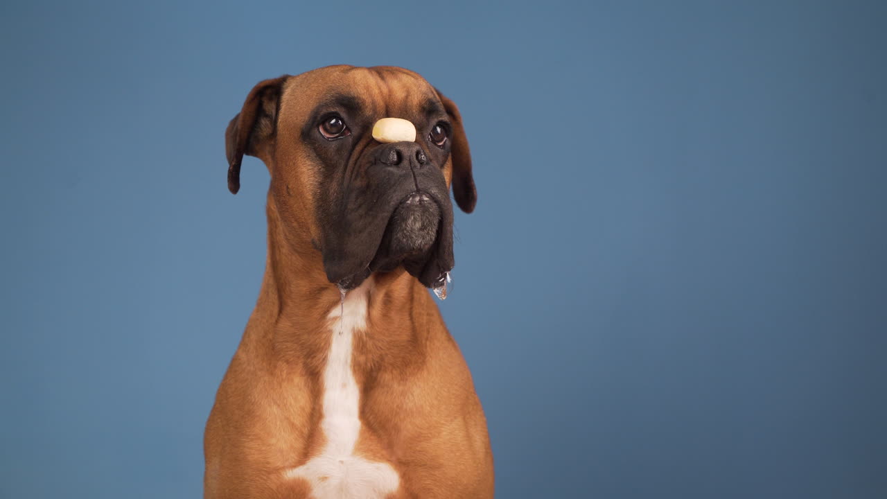 quiet and obedient dog with food in the ocic waiting for his owner's order