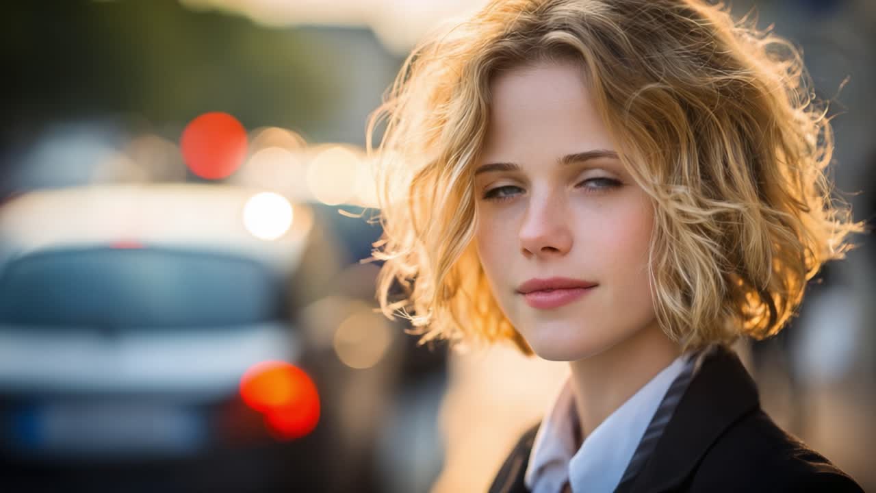 Un affascinante ritratto di una giovane donna con capelli mossi in un contesto urbano, che mostra la bellezza naturale e un'intensa concentrazione sullo sfondo vibrante della vita cittadina