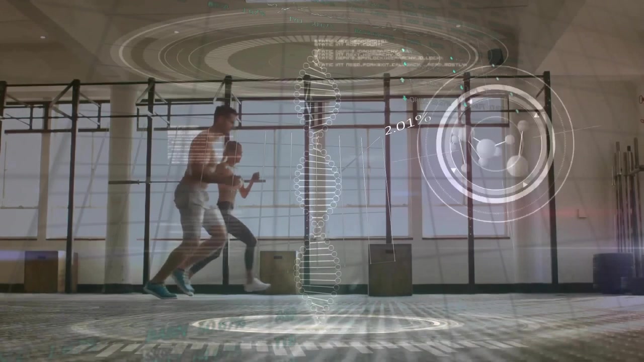 Animation of scope scanning, data processing and dna chain over couple of runners in gym