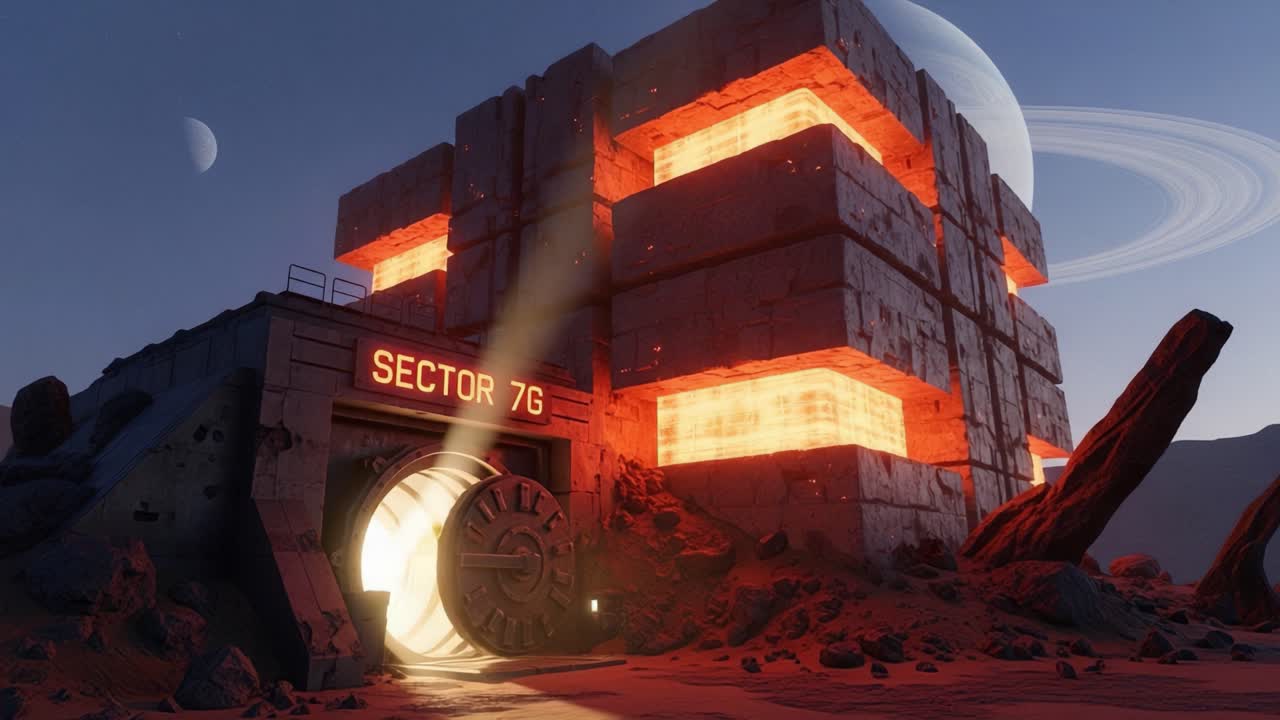 A Mysterious Structure in a Cosmic Landscape: A Glowing Entrance to Sector 76 Surrounded by Alien Scenery and Celestial Bodies