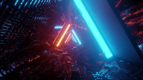 Computerized-motion-graphics-of-immersing-into-futuristic-triangle-shape,-highly-reflective-space-tunnel