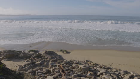 Toma-En-Cámara-Lenta-De-Una-Playa-Rocosa-En-Un-Día-Soleado-En-La-Playa-Estatal-Del-Puerto-Deportivo-De-La-Bahía-De-Monterey-De-California