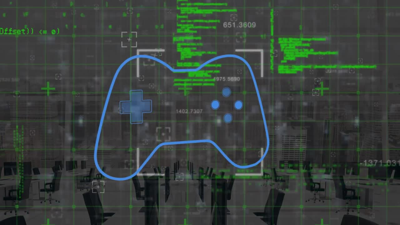 Animation of data processing and office over gamepad icon