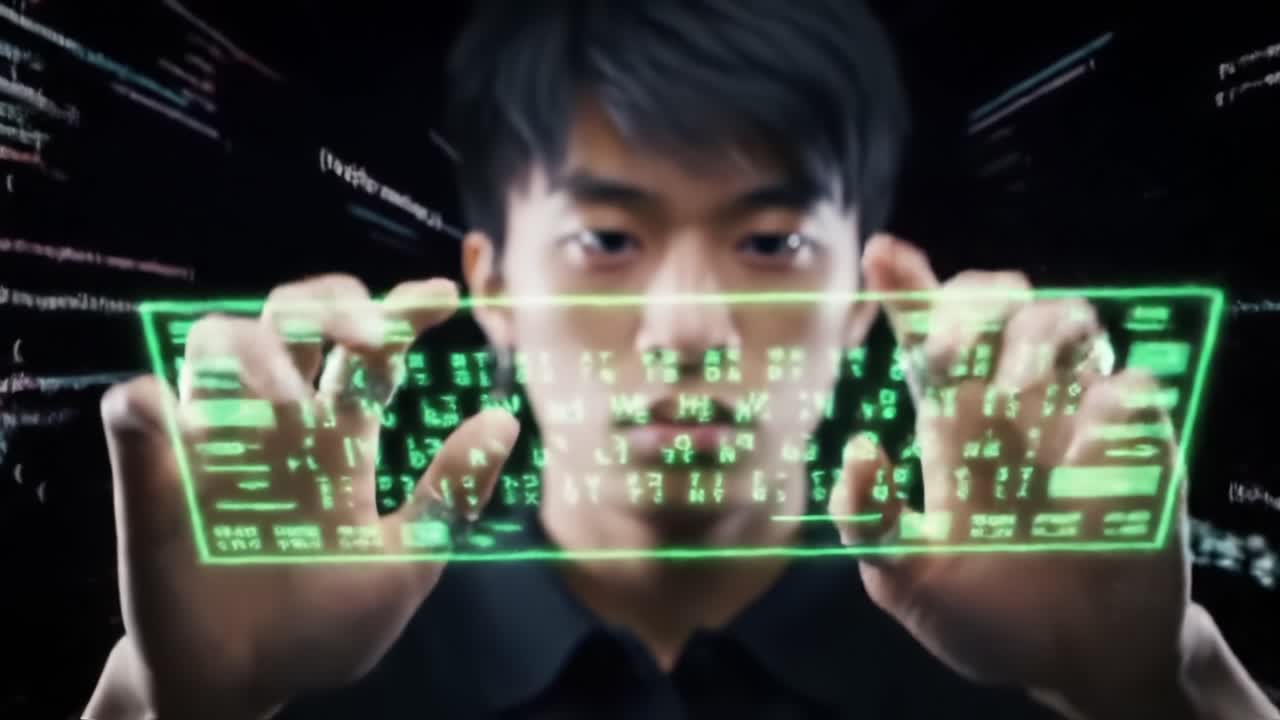 A Futuristic Interaction with Holographic Technology: Capturing a Young Individual Engaging with an Interactive Digital Keyboard in a High-Tech Environment