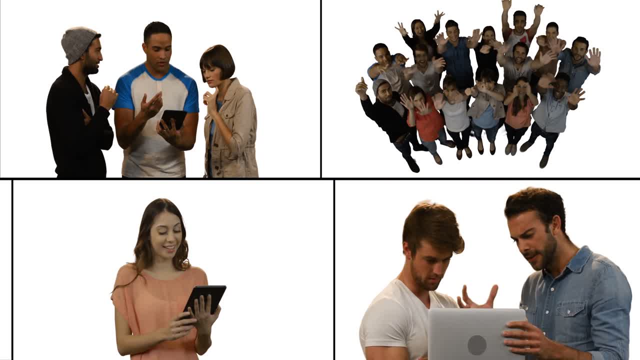 pantalla múltiple que muestra un grupo de personas aplaudiendo y personas usando dispositivos electrónicos