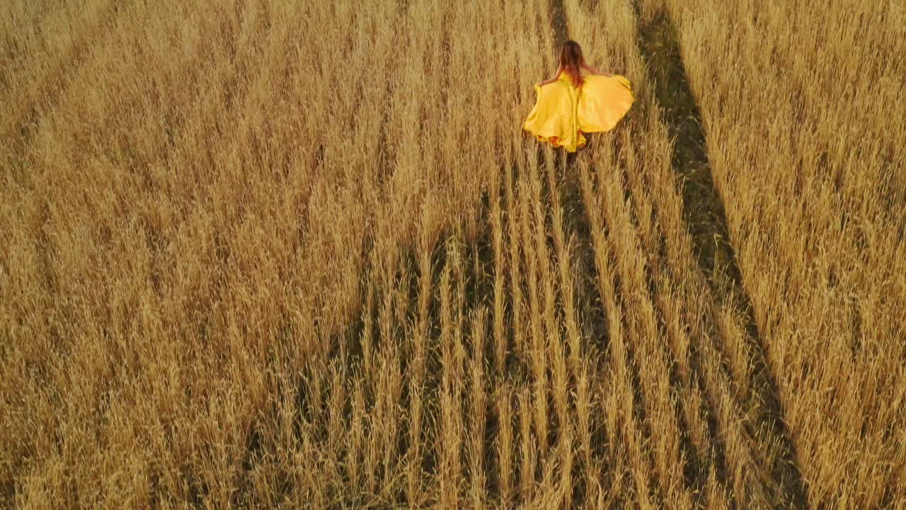 Woman in a Yellow Dress Walking Through a Wheat Field