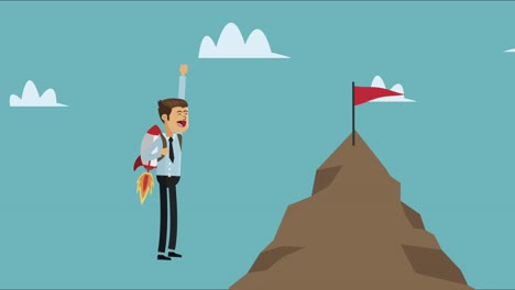businessman flying in rocket with success mountain
