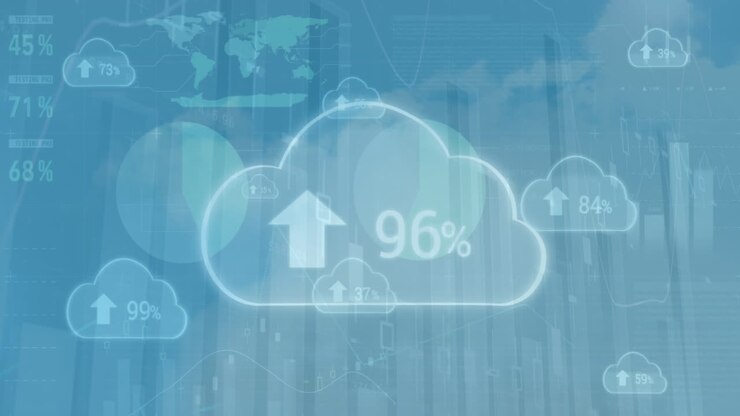 Animation of changing numbers and arrows in cloud over infographic interface against cloudy sky
