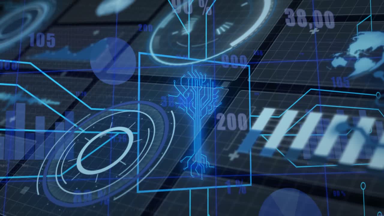 animación del procesamiento de datos y árbol digital sobre fondo negro.