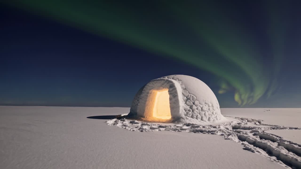 Wide-angle video shot of a glowing igloo under the Northern Lights, capturing the serene Arctic