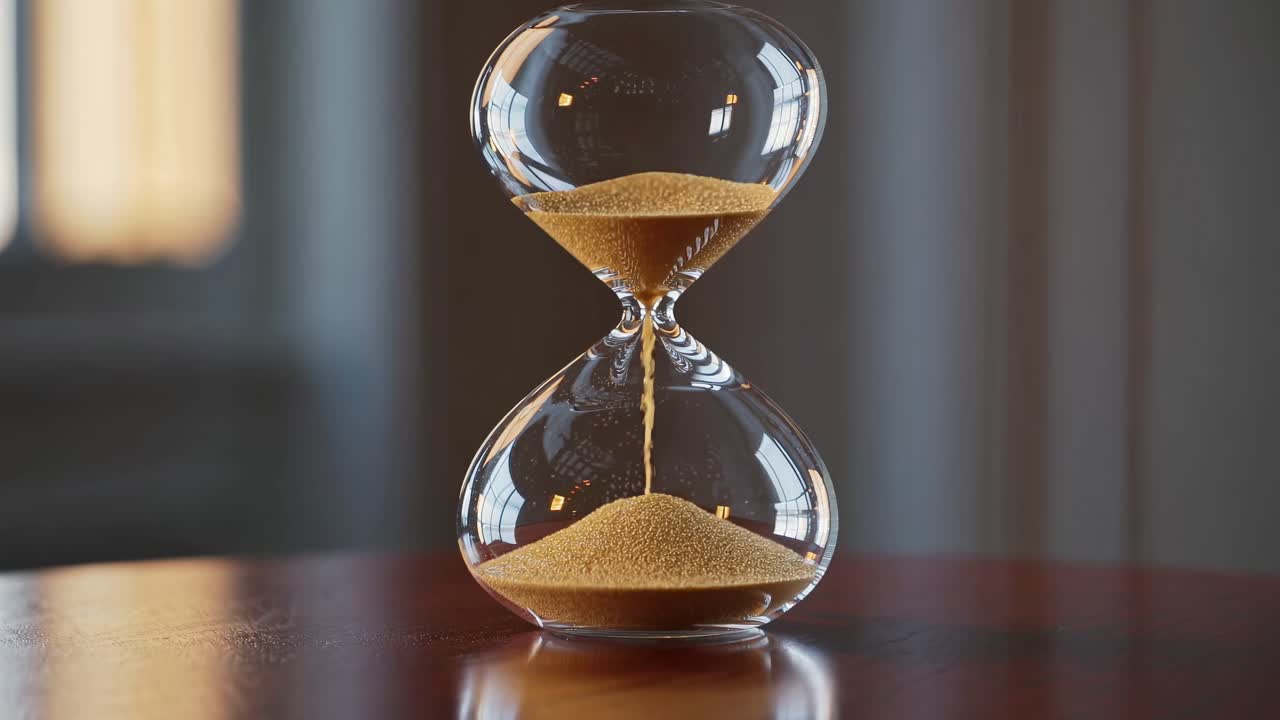 Close-up video of an hourglass on a wooden table, capturing the flow of sand