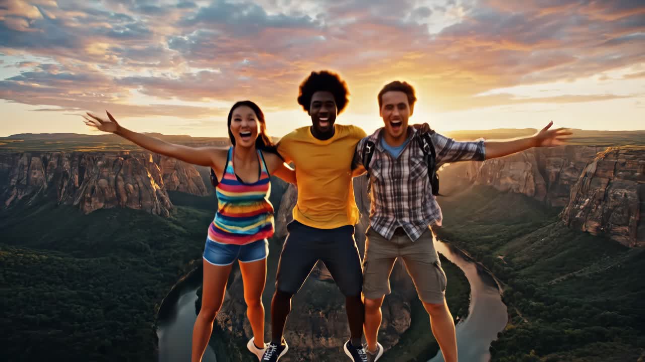Friends jumping in the canyon at sunset