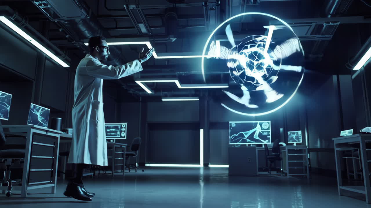 미래의 실험실에서 홀로그램과 상호 작용하는 과학자