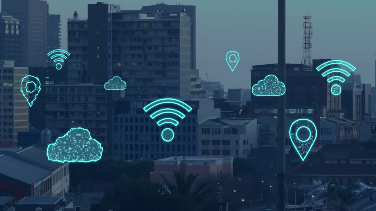 animación de nubes digitales e iconos que vuelan sobre el paisaje urbano