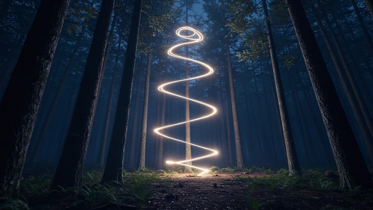 A Mesmerizing Light Spiral Illuminates the Forest, Creating an Enchanting Atmosphere Amongst Tall Trees and Lush Ferns in the Moonlit Night