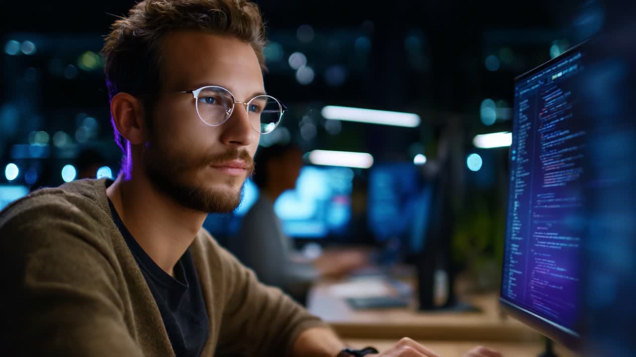 Focused Programmer Analyzing Code on Computer Display in Modern Tech Environment at Night, Illuminated by Screens and Soft Blue Light