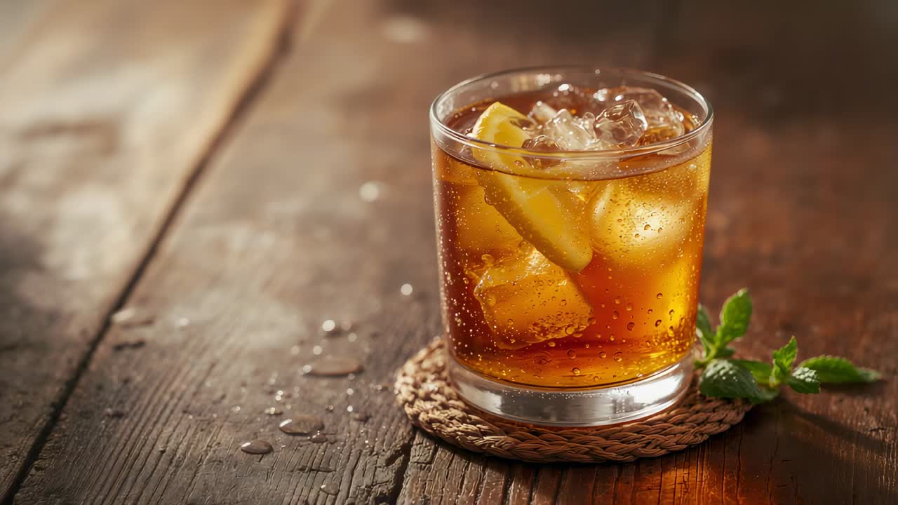 Pushing camera bringing tumbler into clear focus on dark table, showing amber drink and lemon wedge