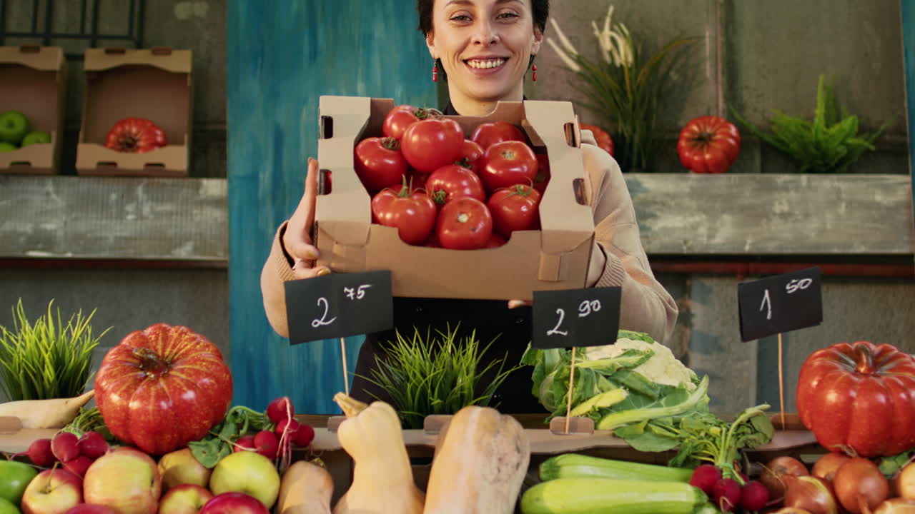 Woman selling fresh produce at a farmers market