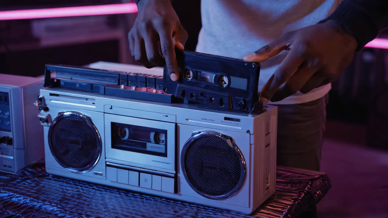 A person putting a cassette into a boombox