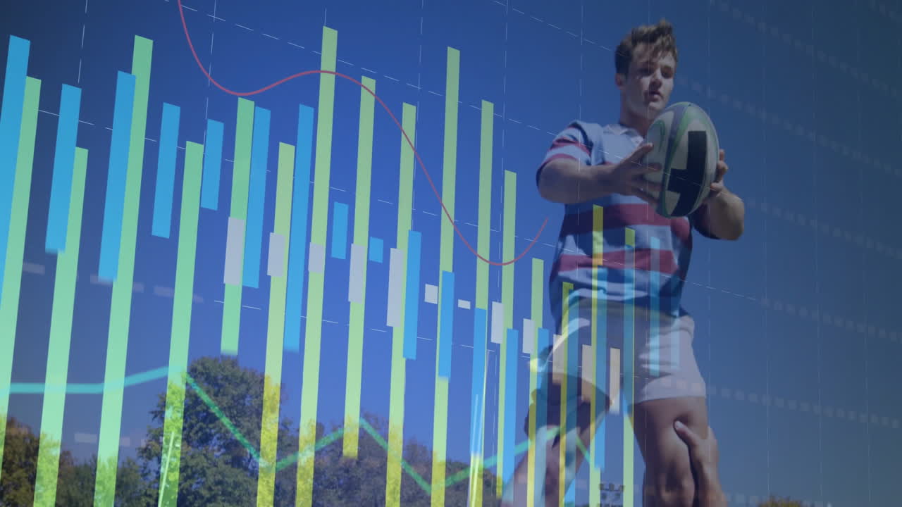 Rugby player holding ball with financial data processing animation over blue sky