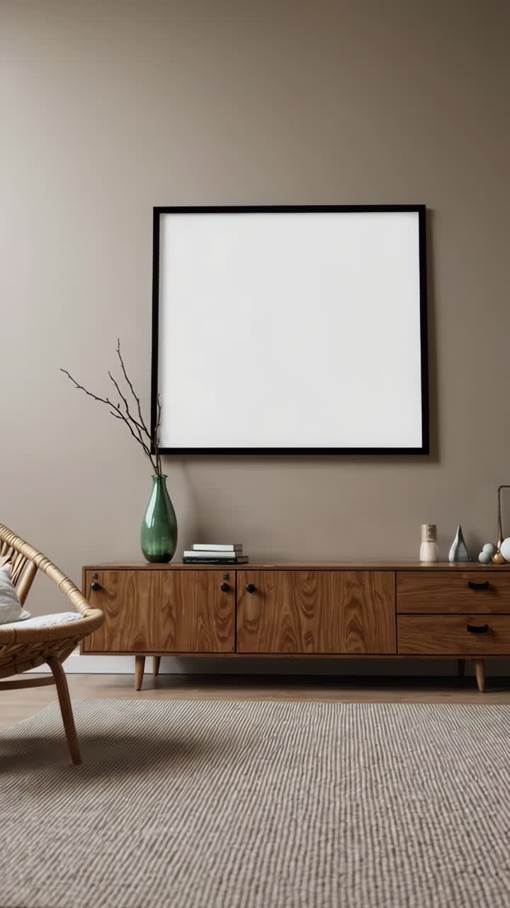 Modern and Cozy Living Room Interior with Console and Wicker Chair