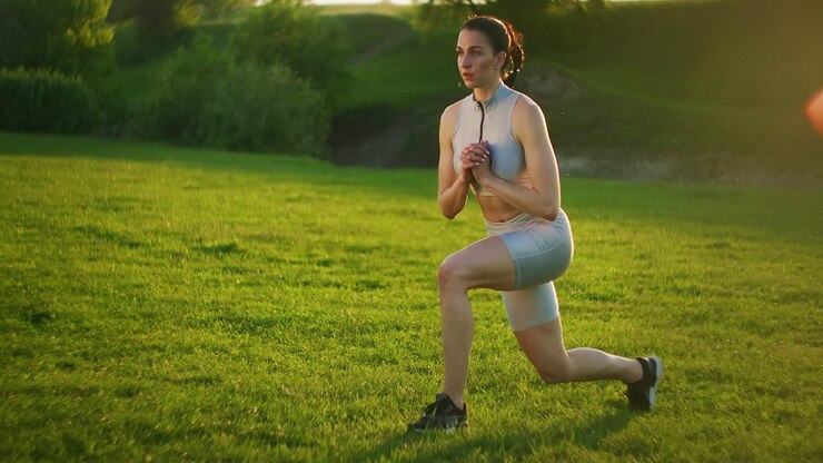 The woman one jumps out and changes her legs in turn by training the thighs and buttocks. Womans training in the park at sunset