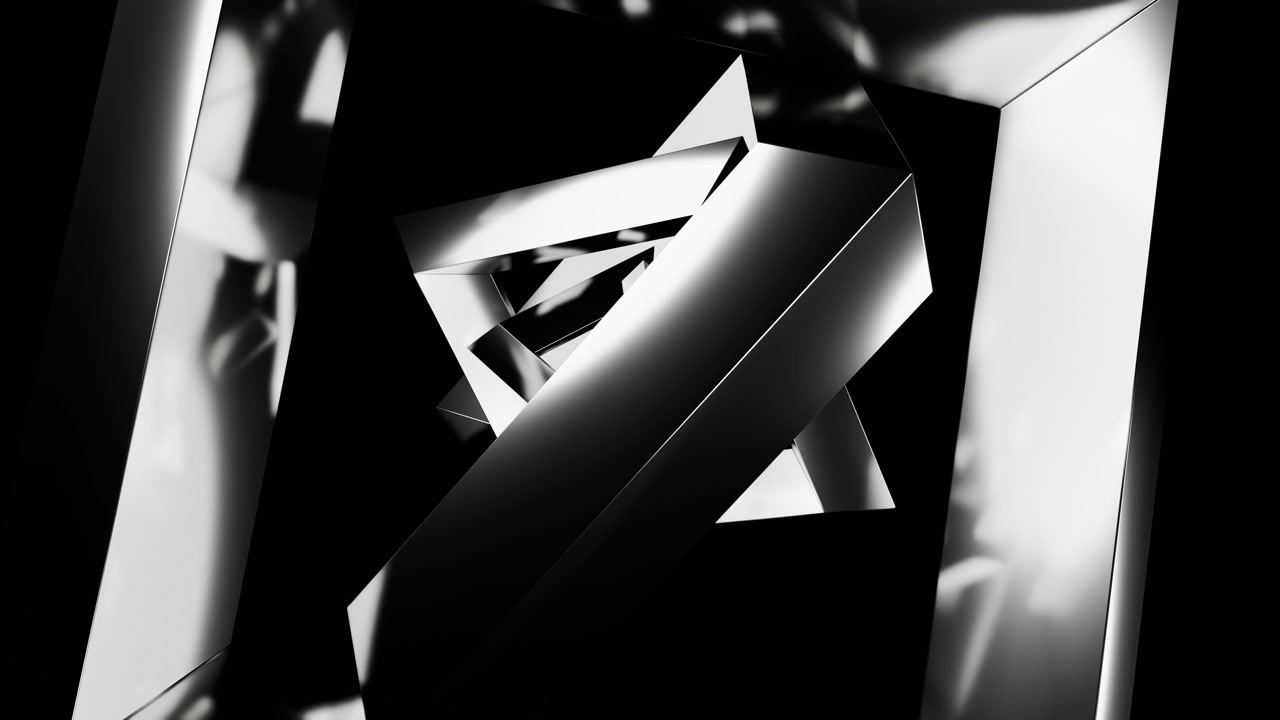 Black Reflective Frames Spiral Into Void, Glossy Metallic Planes Rotate Forming Tunnel Of Mirrors, High