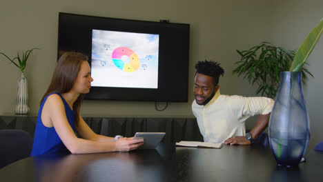 side view of young mixed-race business team planning in conference room of modern office 4k