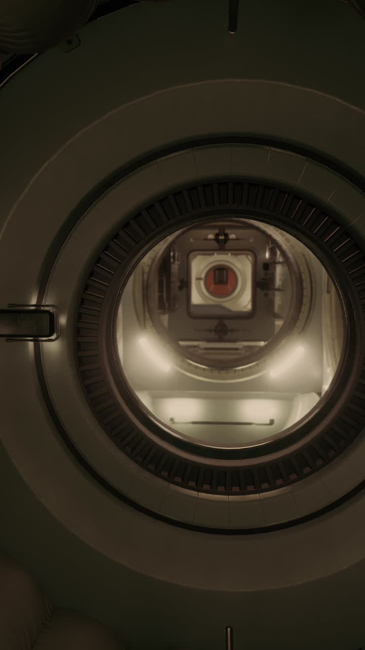 A futuristic metal door with a round window, revealing a sci-fi interior