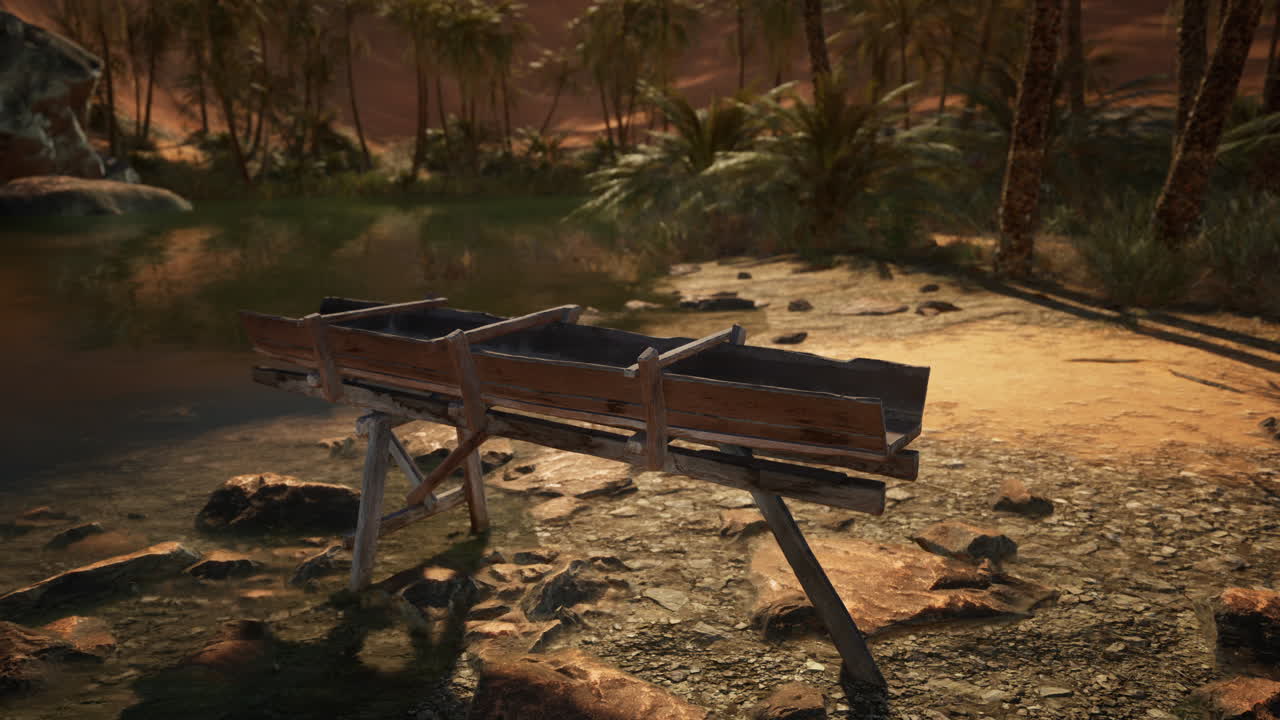un barco de madera en un oasis en el desierto