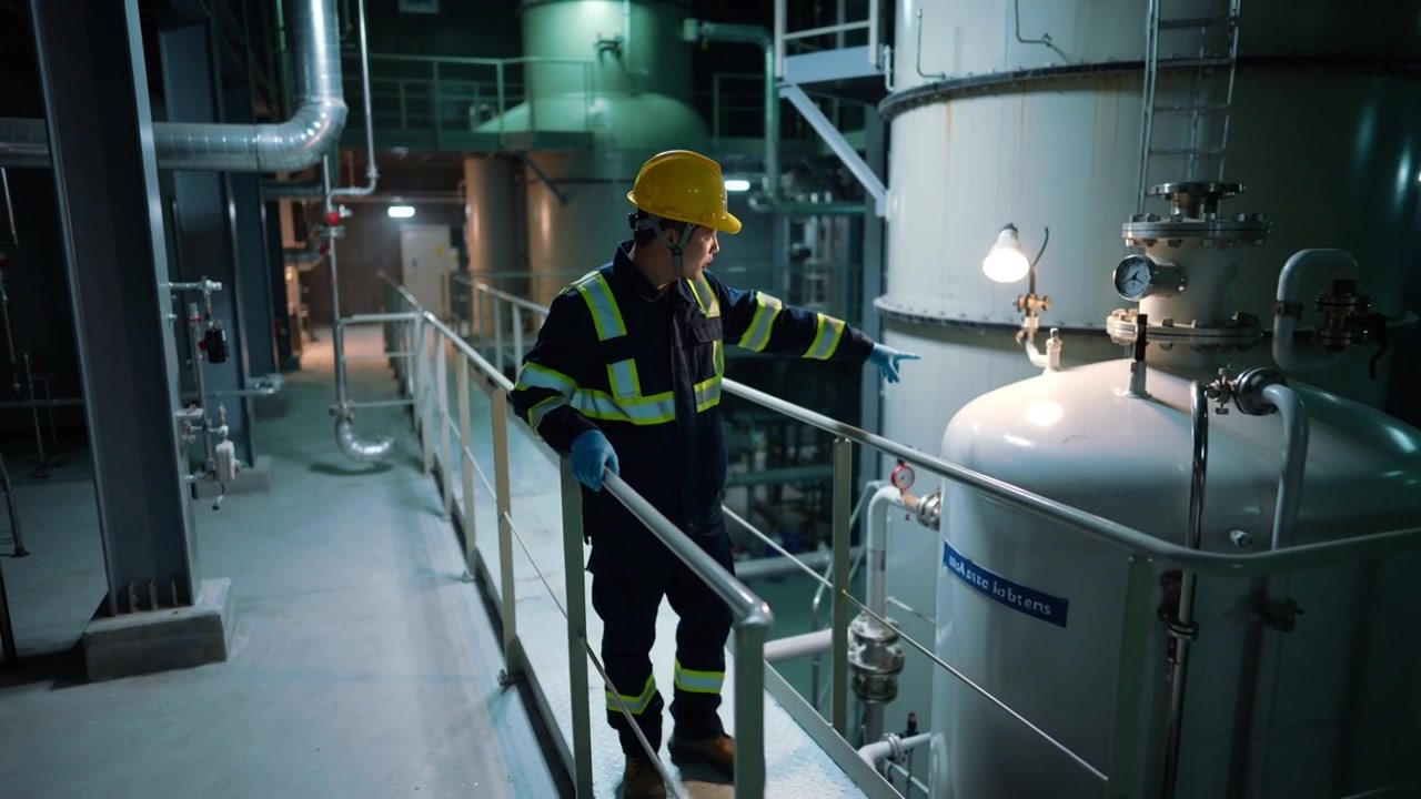 Starting patrol, Asian tech in yellow hard hat and hi-vis walking catwalk inspecting pressure gauge