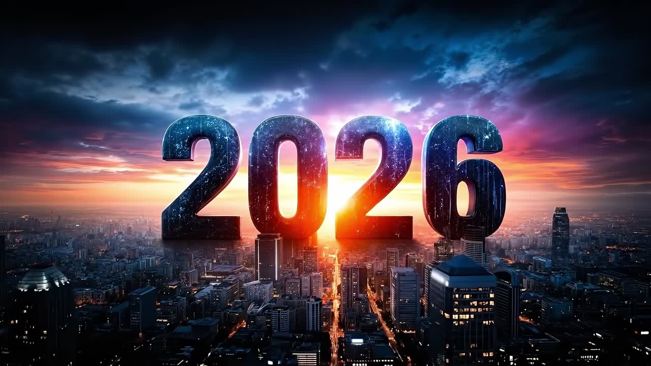 Sunset Skyline with Dark 2026 Numbers Above City