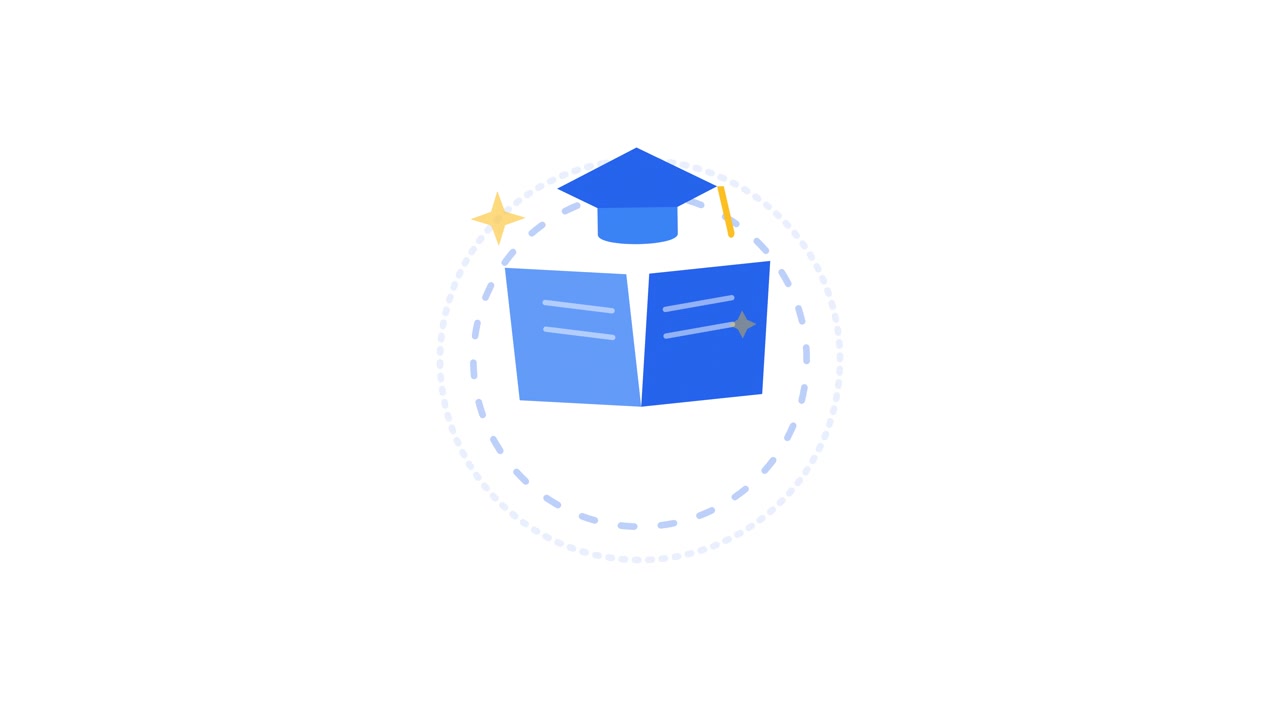 Icono animado de birrete de graduación sobre libro abierto