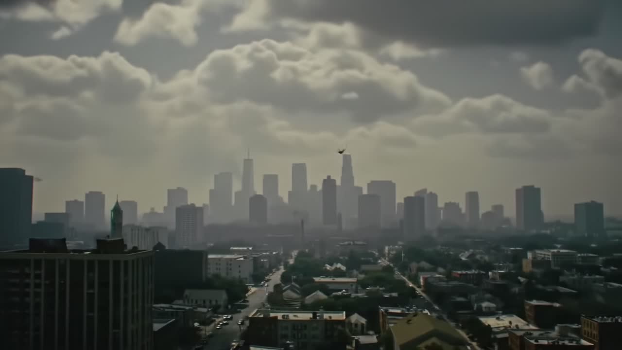 A Breathtaking View Overlooking the City Skyline Under Dramatic Skies, Capturing the Transition of Light and Shadow in an Urban Landscape