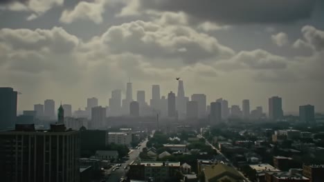 a breathtaking view overlooking the city skyline under dramatic skies, capturing the transition of light and shadow in an urban landscape