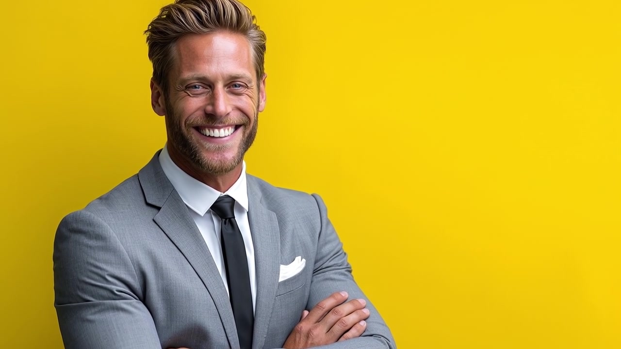 Empresário de sucesso com os braços cruzados sorrindo calorosamente enquanto está de pé contra um fundo de estúdio amarelo sólido.