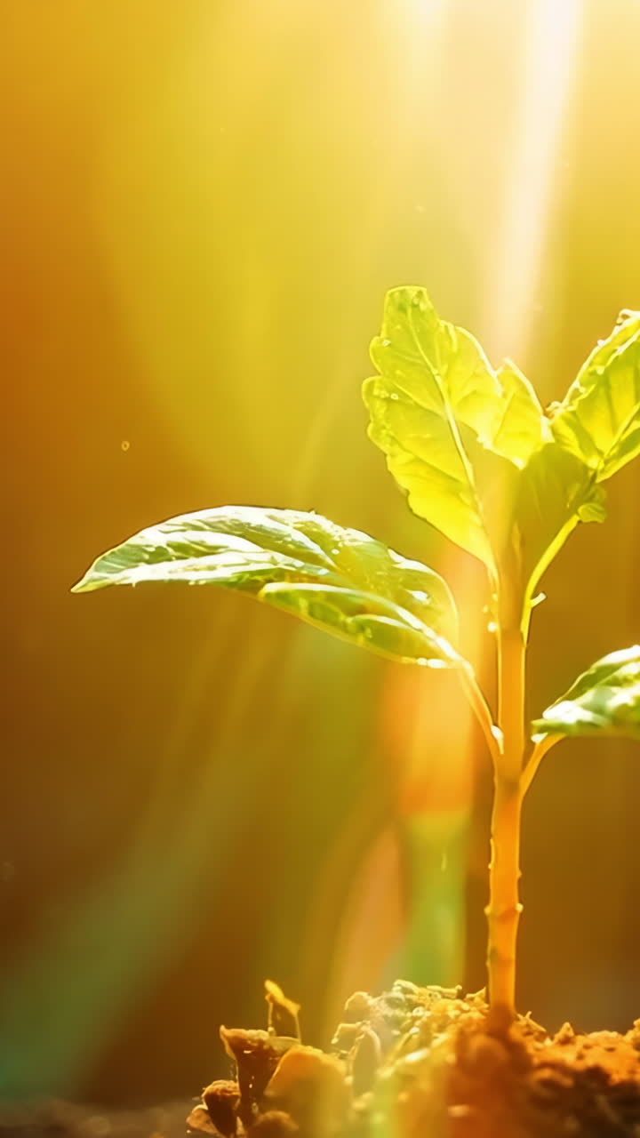 A small green plant is growing in the dirt. The plant is surrounded by dirt and rocks, and the sunlight is shining on it. Concept of growth and life, as the plant is beginning to sprout