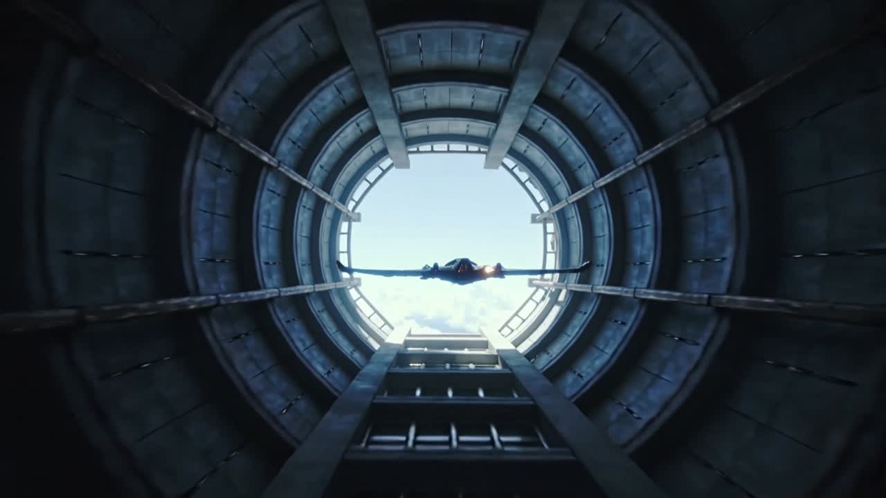 Igniting exhaust, sleek fixed wing aircraft ascending through shaft toward sky, showing valley