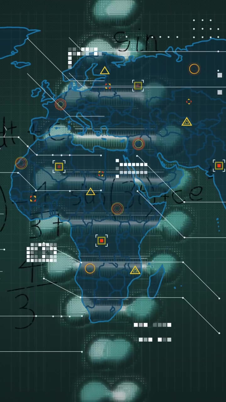 Digital animation showcases math problems, global networks, and data processing concepts.
