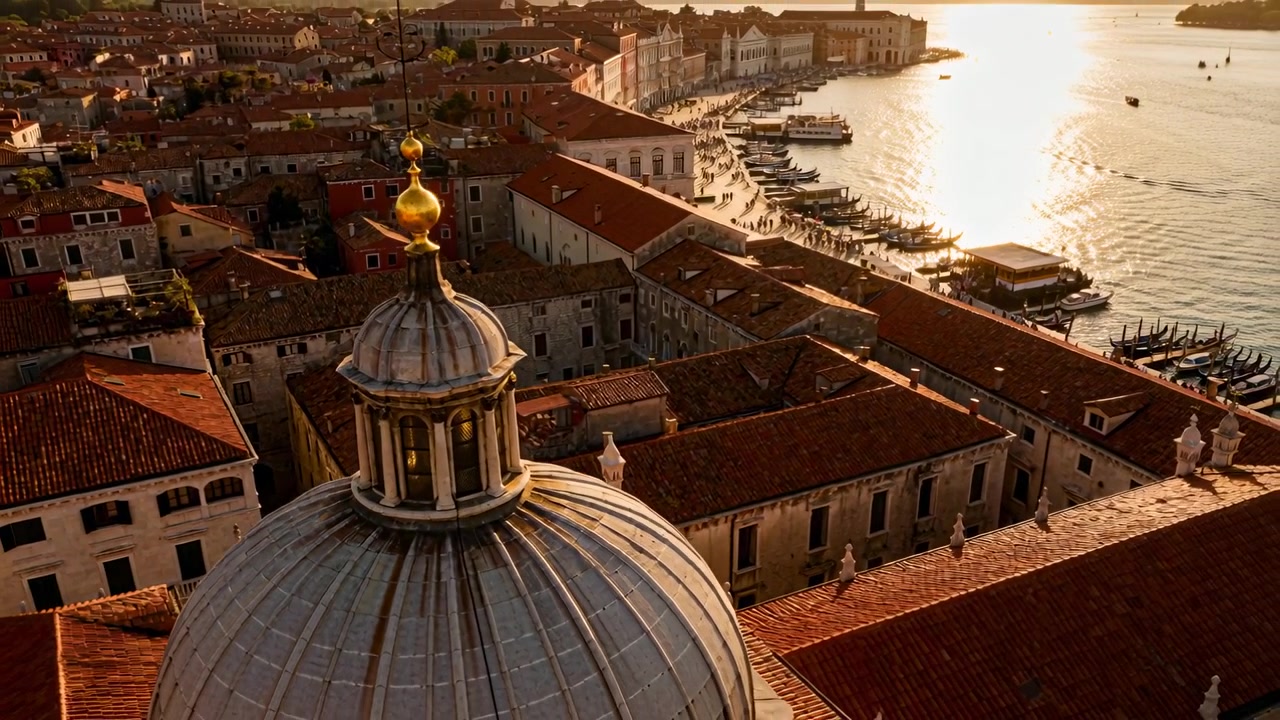 Telecamera aerea che si allontana rivelando un pinnacolo dorato a cupola e barche ormeggiate lungo una banchina illuminata dal sole.