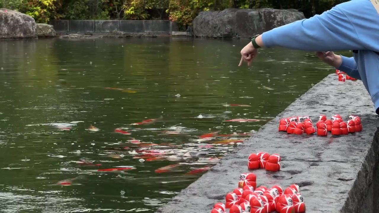 Orang Berdiri di Samping Kolam Batu Berisi Ikan Koi di Kuil Katsuo-ji di Minoh, Osaka, Jepang