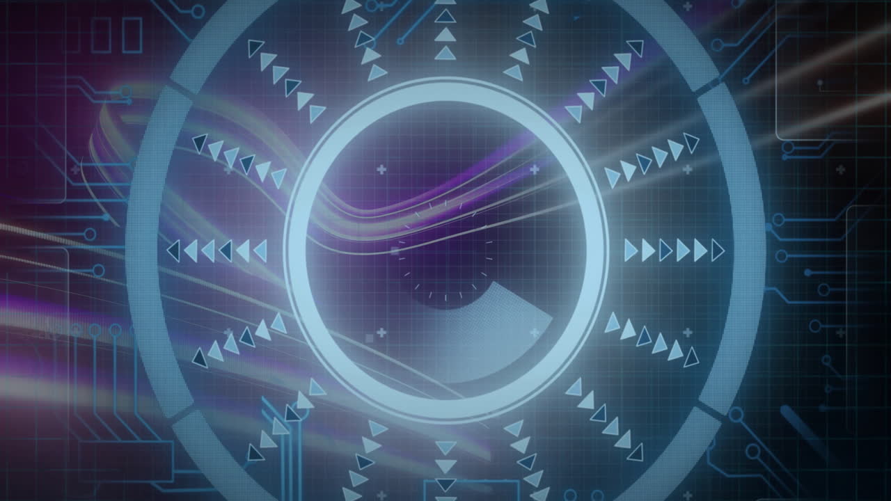 배경에서 그리드 패턴에 대한 로딩 서클과 동적 파동의 화살표 애니메이션