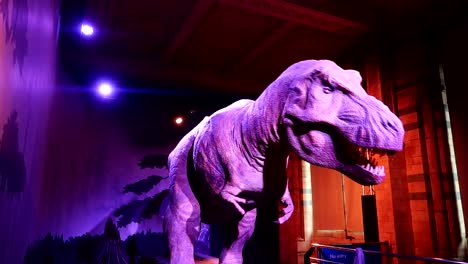 recreation of a t-rex dinosaur roaring in the natural history museum of london