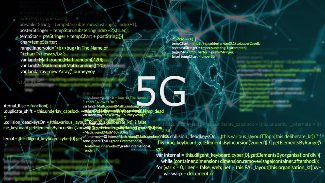 animación de texto 5g a través de red digital y fondo de código de programación